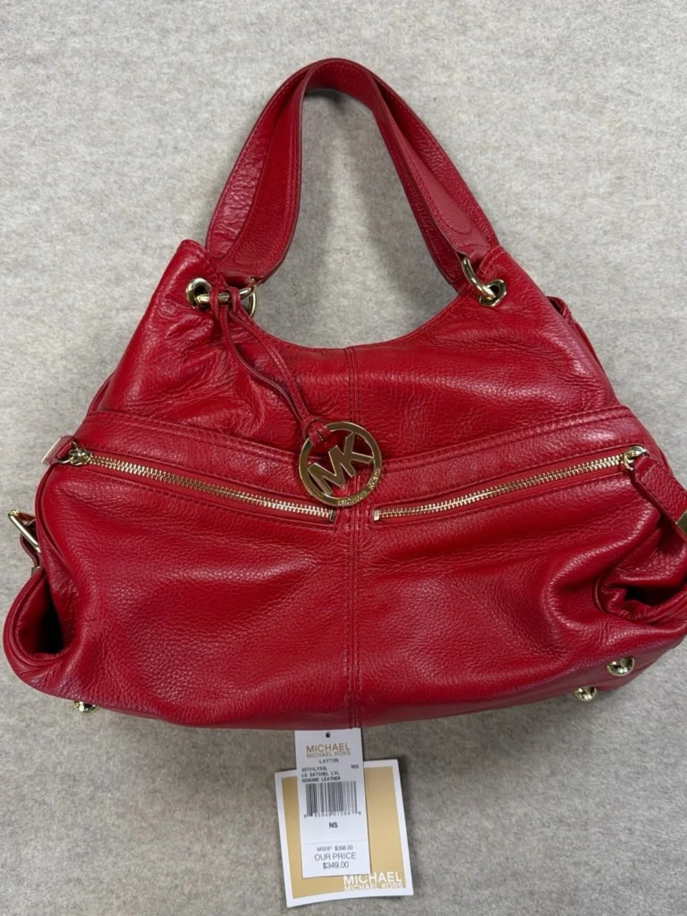 Michael Kors Red Pebbled Leather Shoulder Tote with Gold Hardware